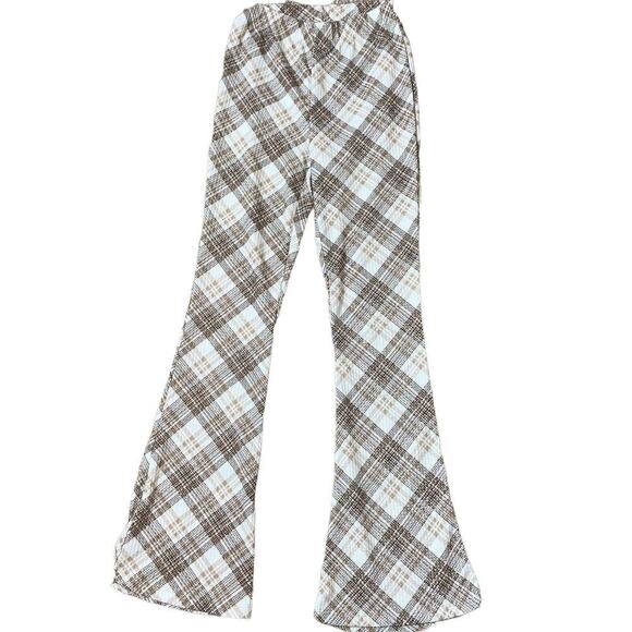 Topshop Petite high waisted bengaline flared pants tan check Stretch US SZ sm - Picture 3 of 11